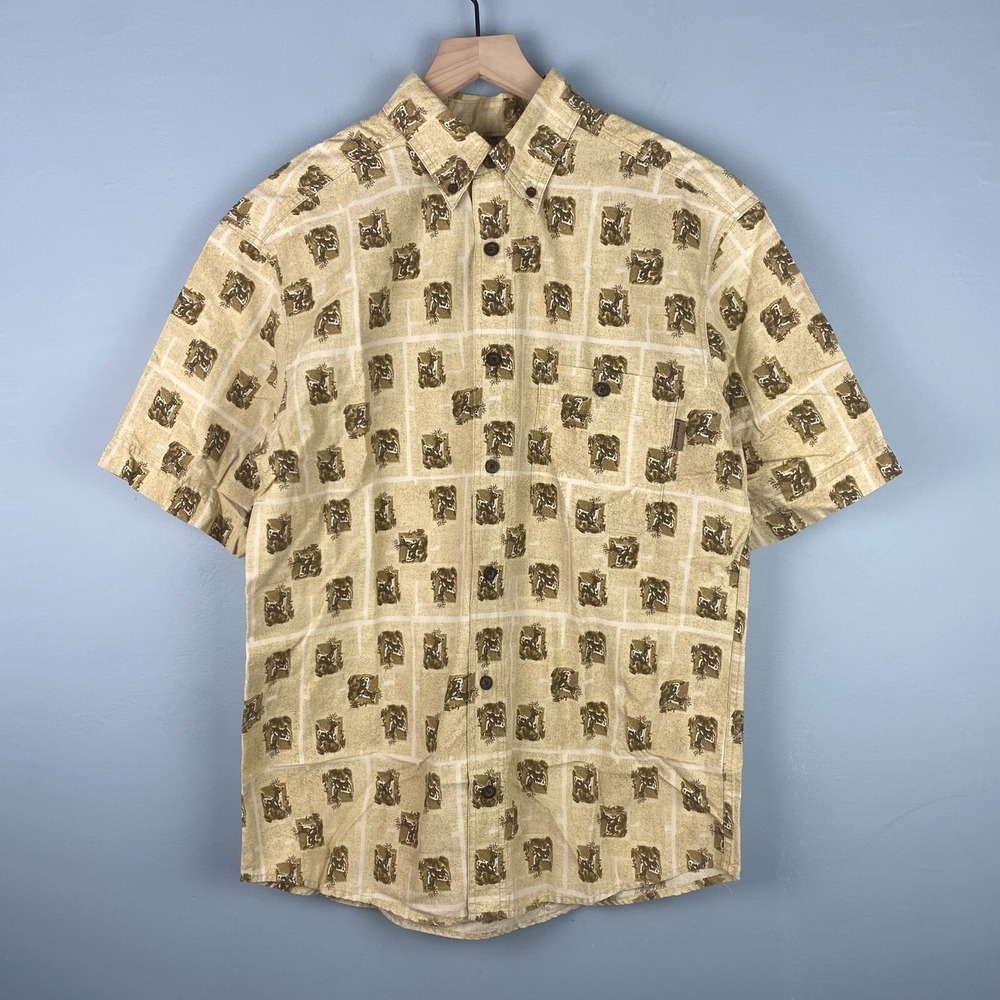 Woolrich Men's Medium British Tan‎ All Over Deer Short Sleeve Button Down Shirt